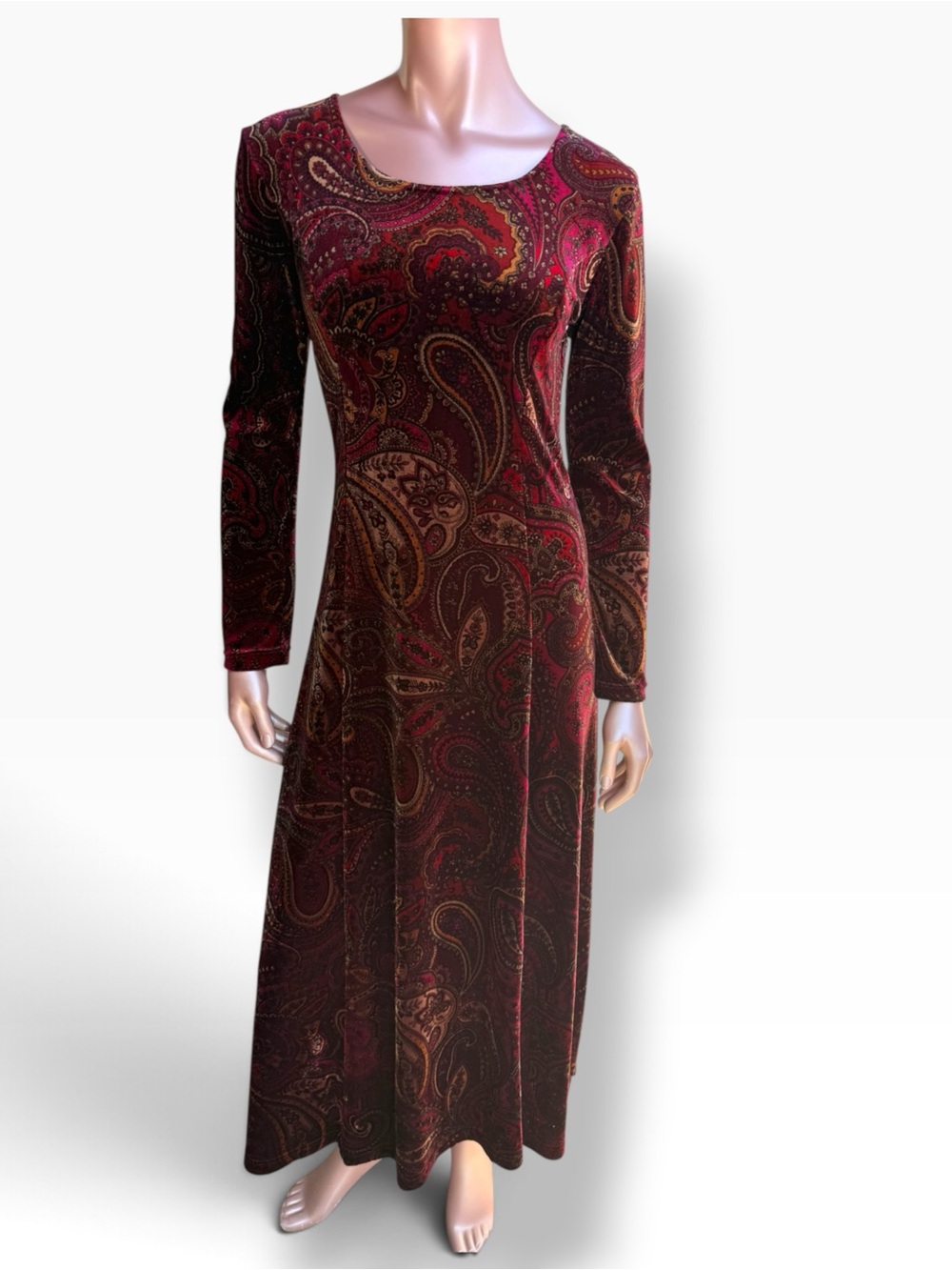 Coldwater Creek Burgundy Paisley Velvet Long Sleeve Maxi Midi stretch